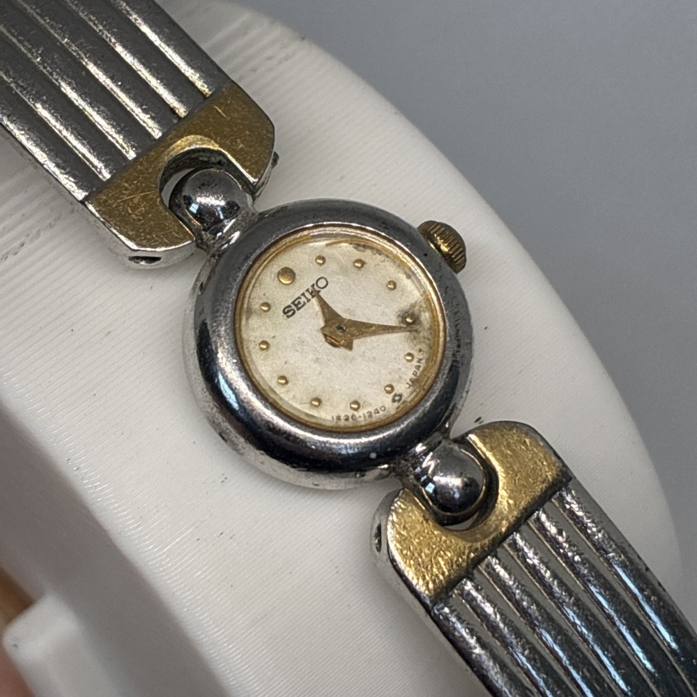 Seiko Watch Women 14mm Silver Dial Two Tone Round 1E20-0380 New Battery Vintage!